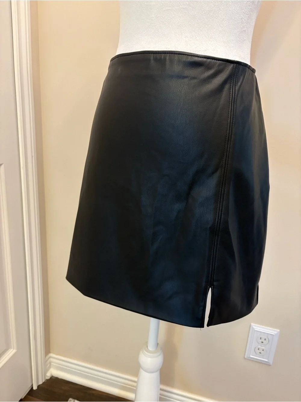 Hollister Black Faux Leather Mini Skirt with Front Slit Large